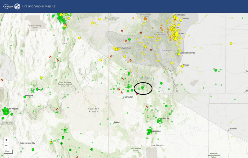 Fire and smoke map Saturday afternoon – Smoke is minimal over southwest Colorado.  Air quality in the Pagosa Springs area is good. Smoke and air quality are worse over the northern 2/3 of CO and the Front Range.