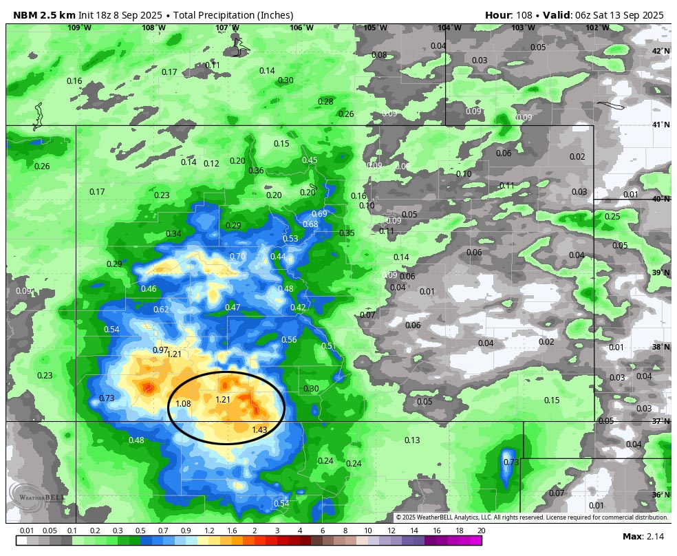 A few nice days followed by a few wet days… 5 NBM precip to late Friday evening shows 1.21”” near Pagosa and up to 2.” in our mountains. Most of this is expected Wednesday afternoon into Friday evening.