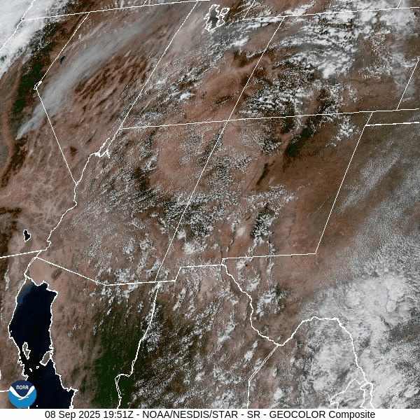 A few nice days followed by a few wet days… 3 Visual satellite loop from roughly 1:40pm to 2:40pm Monday – A ridge is extending south to north across the Four Corners region. There are lots of small cumulus clouds. Note the smoke plume originating in the southern Sierras moving north through western NV.