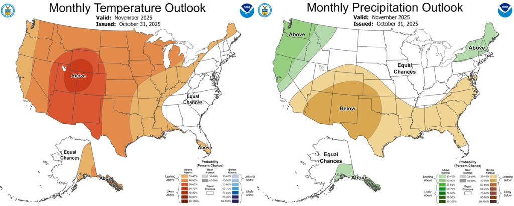 Pagosa Weather OCTOBER SUMMARY & November Outlook 10 The CPC temp outlook for Nov on the left shows a 50-60% chance for above average temps.
The precip outlook on the right shows a 40-50% chance for below average precip.