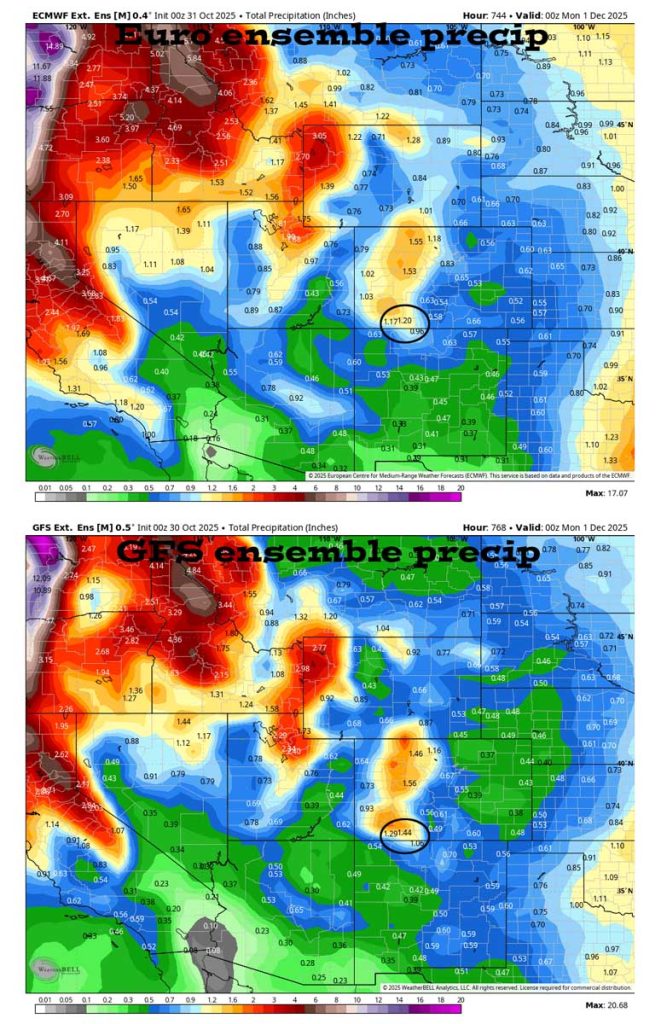 Pagosa Weather OCTOBER SUMMARY & November Outlook 11 Euro ensemble precip on the top expects 1.20″ for Nov and the GFS ensemble precip on the bottom expects 1.44″.
Both models expect less than the average of 1.62″. Last month the Euro did better than the GFS but they were both way off.