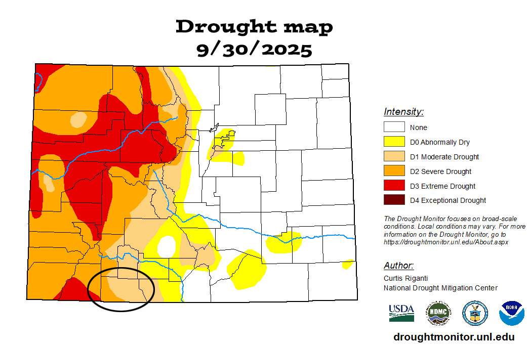 Most of Archuleta County has “moderate drought” conditions while southwest Archuleta County has “severe drought”. Drought conditions improved for the whole county during our wetter than average September.