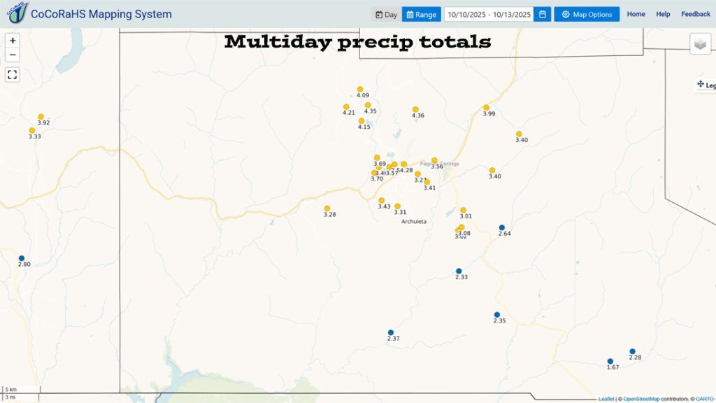 More flooding… 2 CoCoRaHS 4-day rain totals range from 1.67” to 4.36”. For perspective, October average precip is 2.27”.