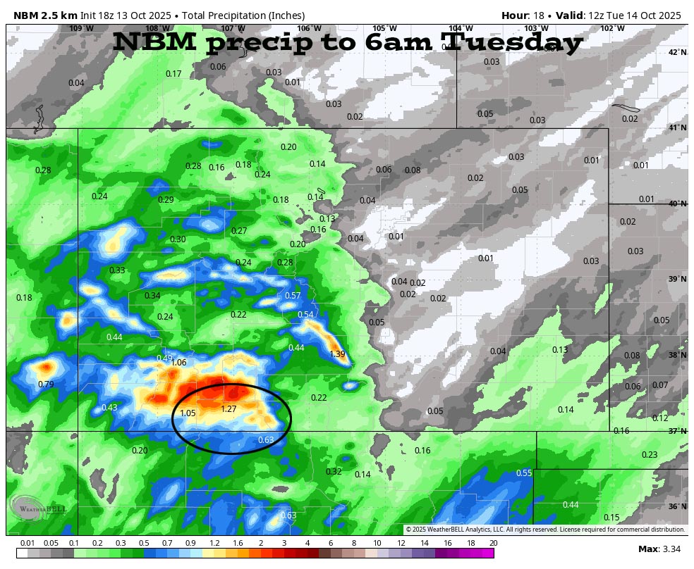 More flooding… 7 NBM precip to 6am Tuesday shows 1.27” near Pagosa and up to 3” in our mountains.