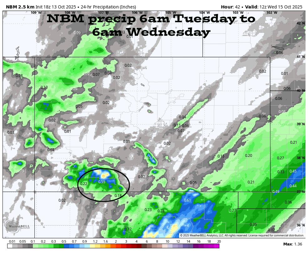More flooding… 8 NBM precip from 6am Tuesday to 6am Wednesday show 0.55” near Pagosa and up to 1.40” in our mountains.