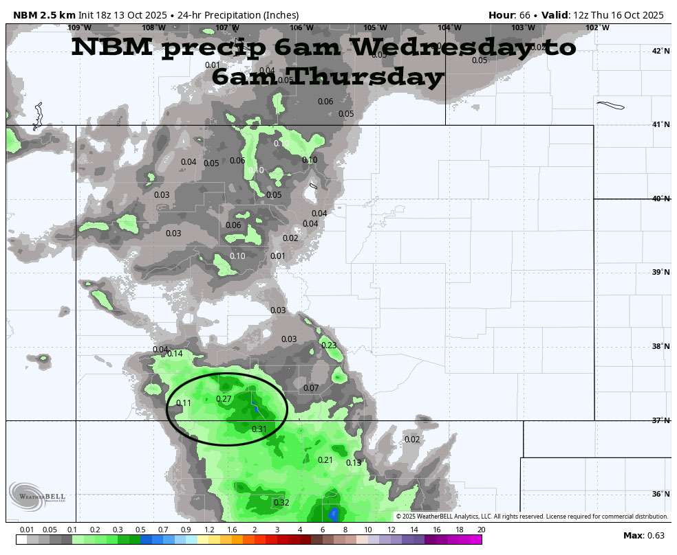 More flooding… 9 NBM precip from 6am Wednesday to 6am Thursday 0.27” near Pagosa and up to 0.50” in our mountains.