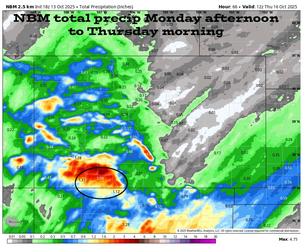 More flooding… 10 NBM total precip for the whole period shows 2.09” near Pagosa and up to 4.50” in our mountains.