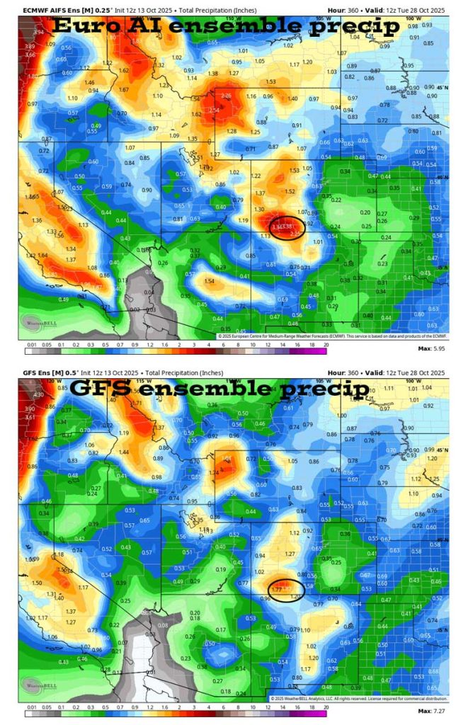 More flooding… 11 On the top, Euro AI ensemble precip to 28 Oct at 6am shows 3.38” in the Pagosa area. On the bottom, GFS ensemble precip shows 1.87”. That’s a big difference. Most of this is expected in the first 3 days (13-16 Oct), and then it’s fairly dry.