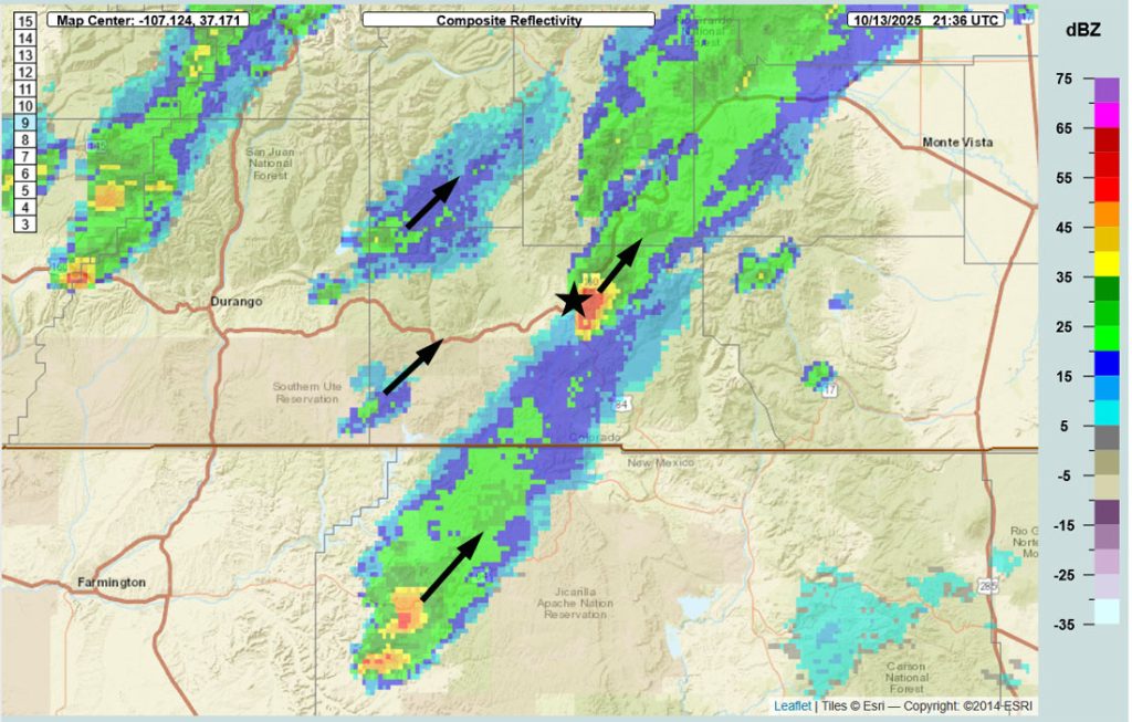 More flooding… 4 Radar zoomed into our area at 3:36pm Monday – A strong cell moved through the Arboles area moved northeast towards Pagosa Springs. It’s fairly quiet behind this band this of showers. Until…