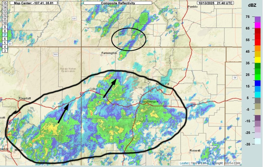 More flooding… 5 Radar for the Four Corners region at 3:40pm – The large area of showers and thunderstorms circled in black will bring us periods of heavy rain from roughly 6pm to 2am.
