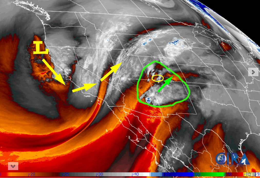 More flooding… 3 Water vapor satellite Monday afternoon – The remnants of TS Raymond, circled in green, will move through our area early Tuesday morning. Then the low along the West Coast will push occasional bands of showers and thunderstorms through the area into Thursday morning.