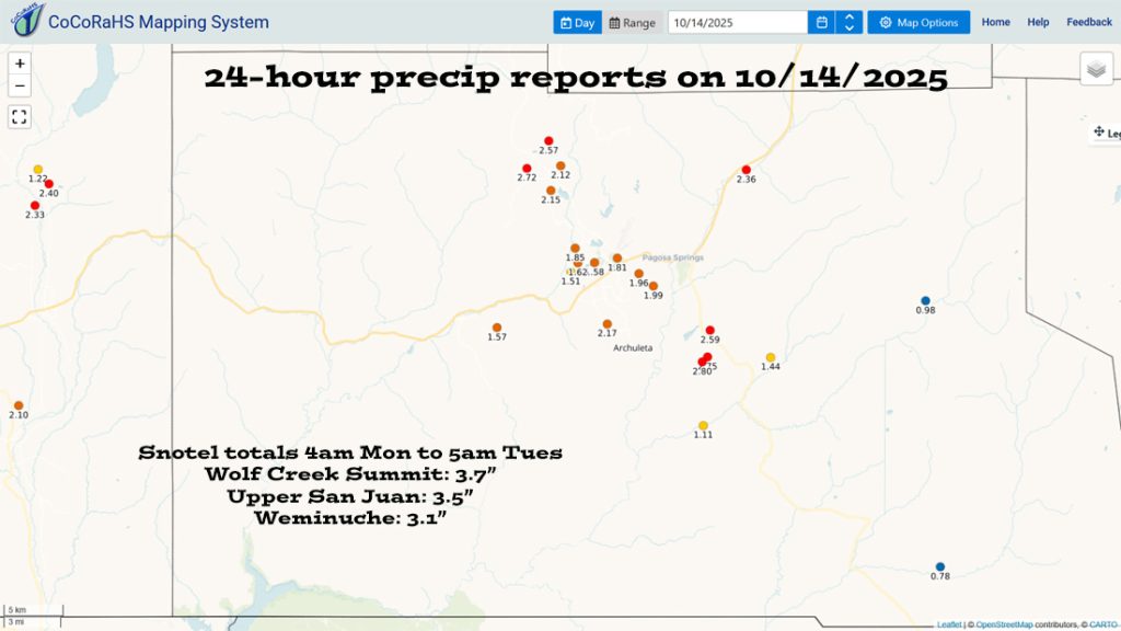 CoCoRaHS 24-hour rain reports from Tuesday morning ranged from 0.78” to 2.80”.