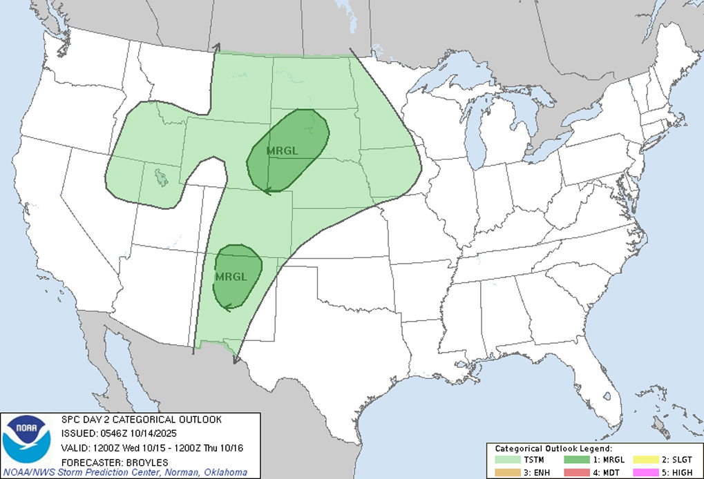 Storm Prediction Center shows a marginal chance for severe thunderstorms on Wednesday.
