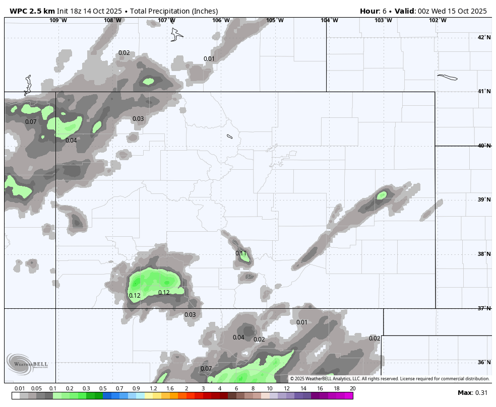 WPC precip from noon Tuesday to 6am Thursday show 1.07” near Pagosa and up to 2.25” in our mountains. The heaviest precip will fall between late Wednesday morning and Wednesday evening.