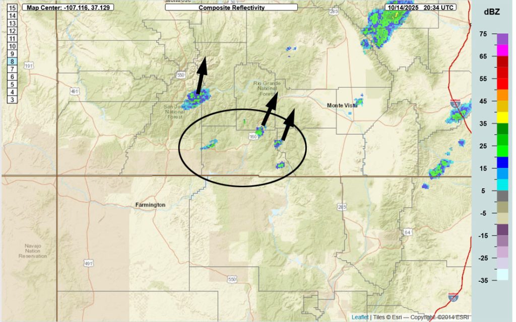 Radar at 2:34pm Tuesday – There are few small showers moving towards the north-northeast. We’ll continue to see these little isolated cells into Wednesday morning and then Wednesday afternoon will be more active with strong thunderstorms.
