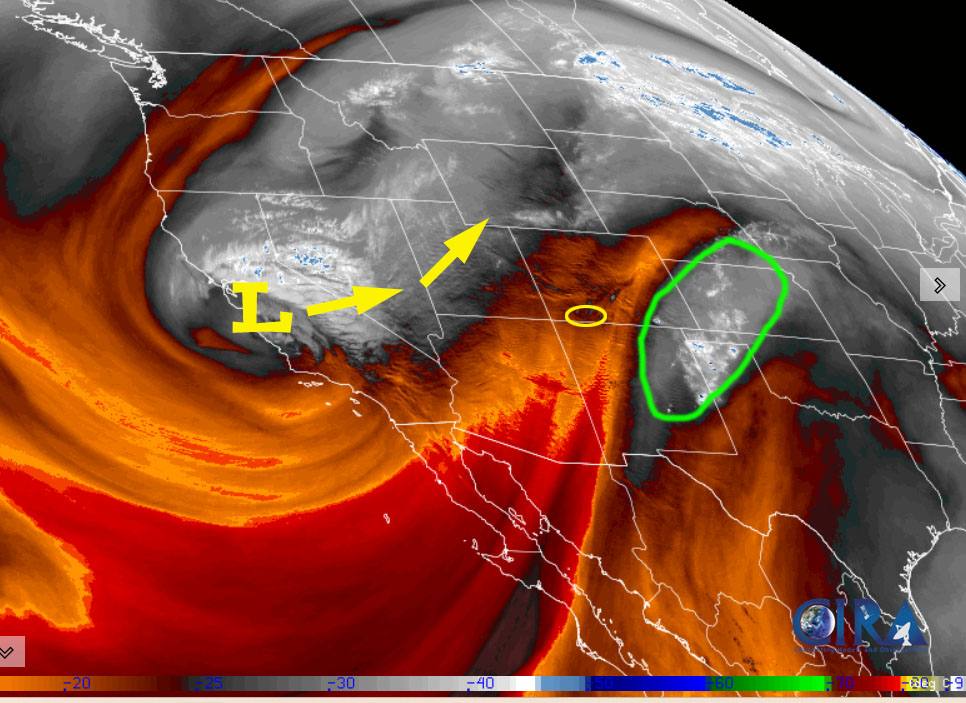 Water vapor satellite Tuesday afternoon – The remnants of Raymond have moved to our east, circled in green. Now our weather maker will be the west coast low at it moves east.