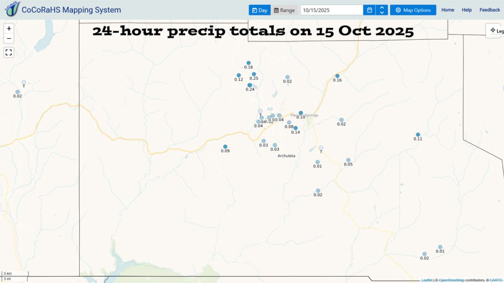 CoCoRaHS 24-hour rain reports from Wednesday morning ranged from a trace to 0.25”.