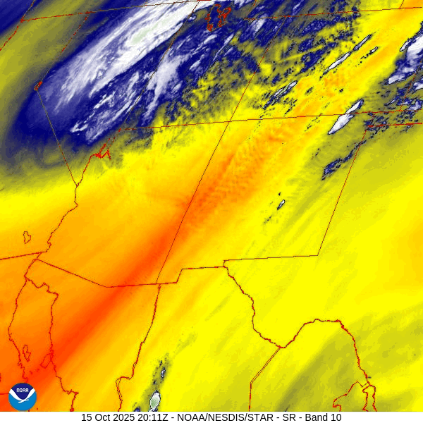 Water vapor satellite loop Wednesday afternoon – The low is about to enter western UT and is moving towards the northeast. The leading trough is expected to move through our area around midnight. Note the band of showers starting to form in our area.