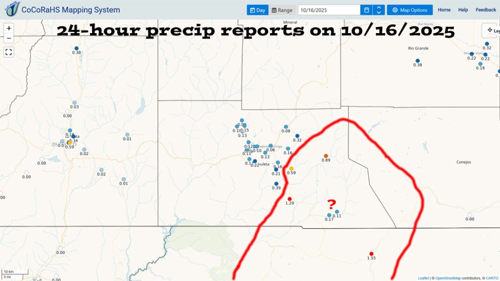 Storm summary and a detailed forecast… 1 CoCoRaHS 24-hour rain reports from Thursday morning ranged from 0.05” to 1.29”. A strong band of showers and thunderstorms moved through the area circled in red. Note the 1.55” for Chama. Those two reports near Chromo near baffle me. It’s amazing that the band of strong showers skirted them!