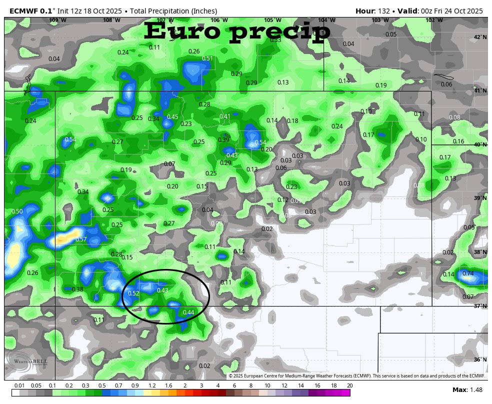 Sunny and dry through Tuesday – unsettled Wednesday and Thursday… 2 Euro precip to next Thursday evening shows 0.43” and up to 0.60’ in our mountains. I think might be a bit too much.