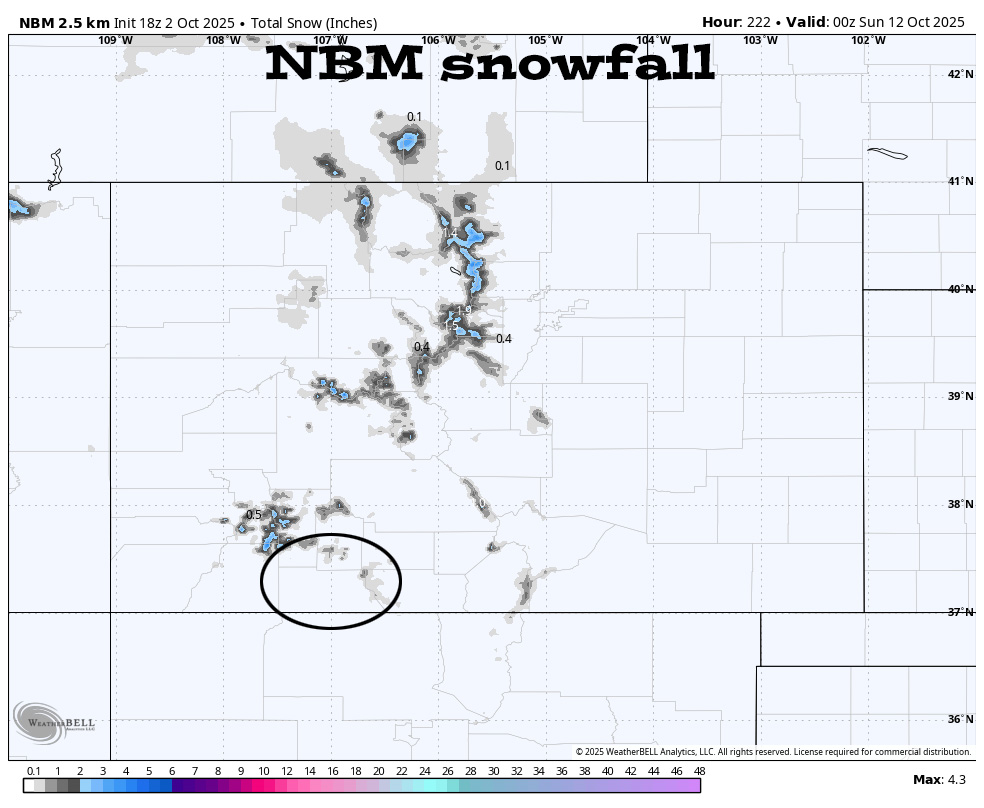 NBM snowfall to next Saturday evening shows up to 2” above timberline in our mountains. I think up to 4” is possible, but most of the precip will fall as rain.