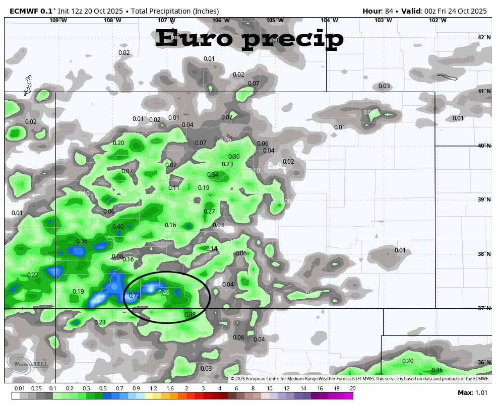 A little valley rain and a little mountain snow on Thursday… 2 Euro precip to Thursday evening shows 0.46” and up to 0.60’ in our mountains. I expect half as much.
