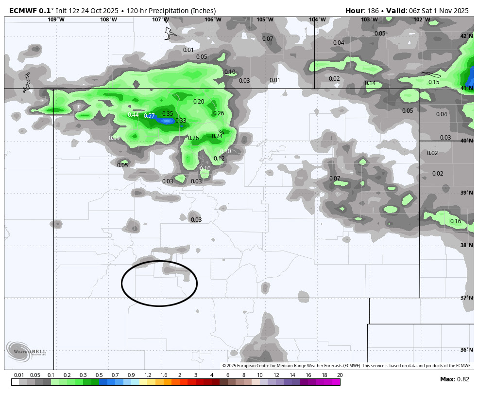 Euro precip for this period shows none near Pagosa and less than 0.10” along The Divide in our mountains. This is from the trough moving northern CO Sunday night and Monday.