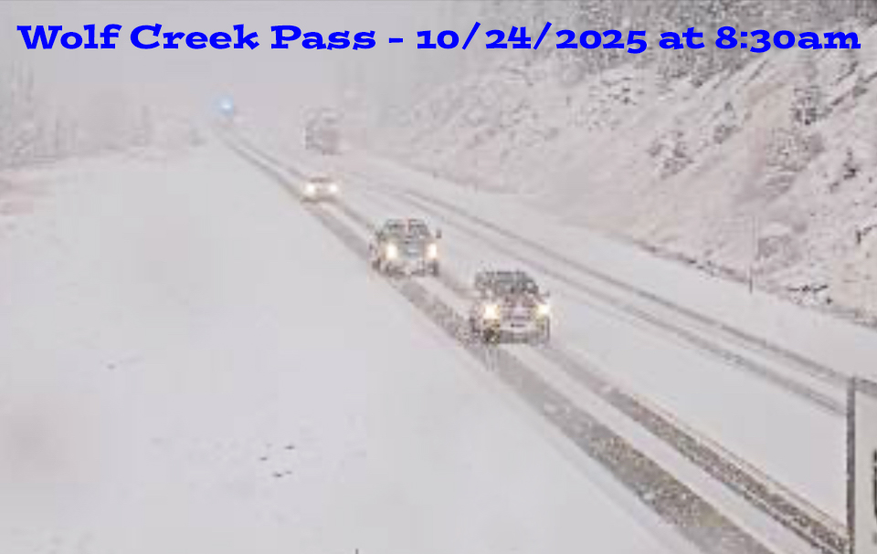 Driving conditions were sketchy across Wolf Creek Pass for a few hours Friday morning – CDOT web cam capture 10/24/2025 at 8:30am