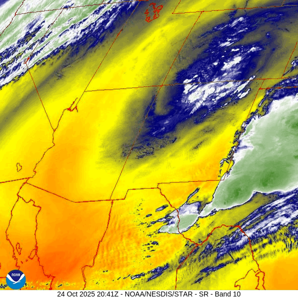 Water vapor satellite loop Friday afternoon – Clouds and showers are rotating counter-clockwise around the low near Toas. The low will slowly move east and drag the clouds with it.