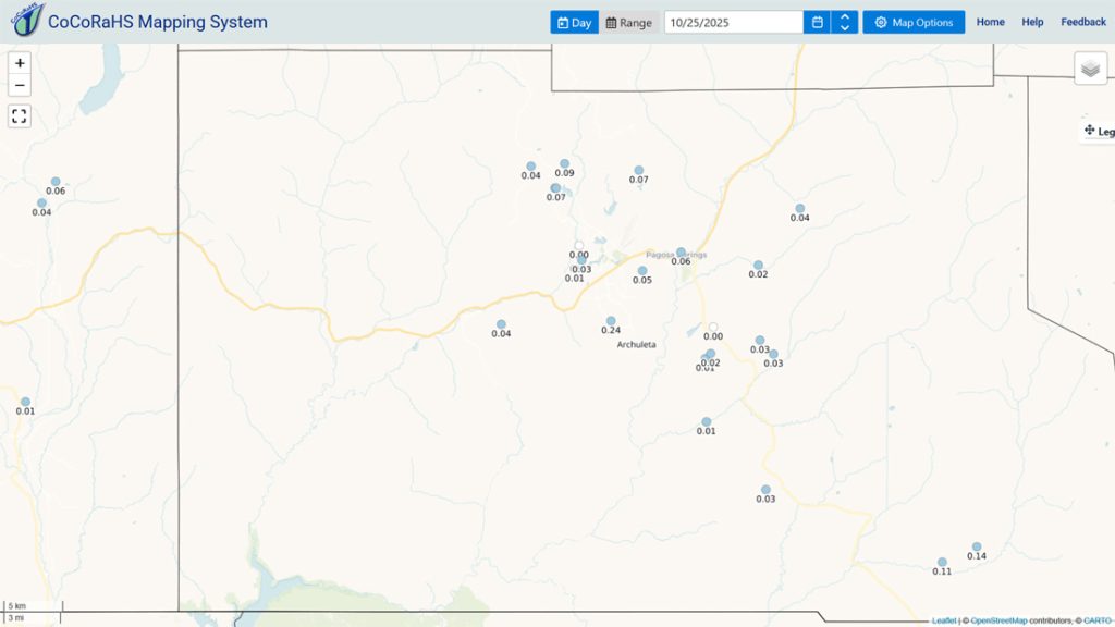 CoCoRaHS 24-hour precip reports from Saturday morning ranged from zero to 0.14”.