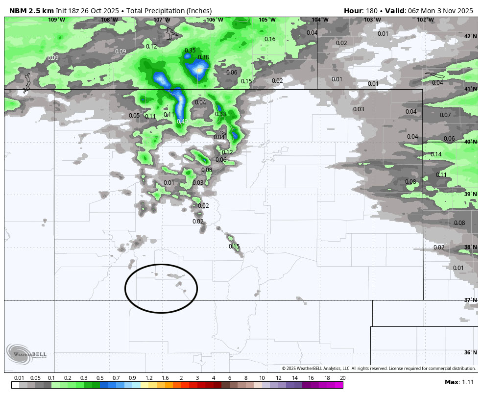 NBM precip for this period shows none near Pagosa and a few spots of light precip along The Divide in our mountains. This is from the trough moving northern CO Sunday night and Monday.