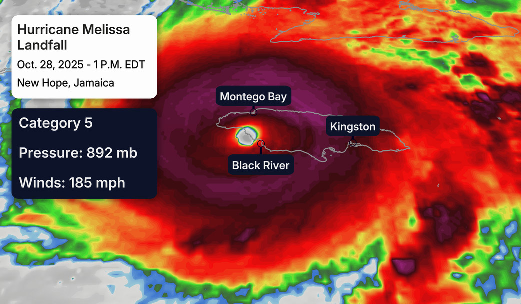 Hurricane Melissa is battering Jamaica today and will batter eastern Cuba tonight.  Our thoughts and prayers are with everyone being impacted.  – graphic from The Weather Channel