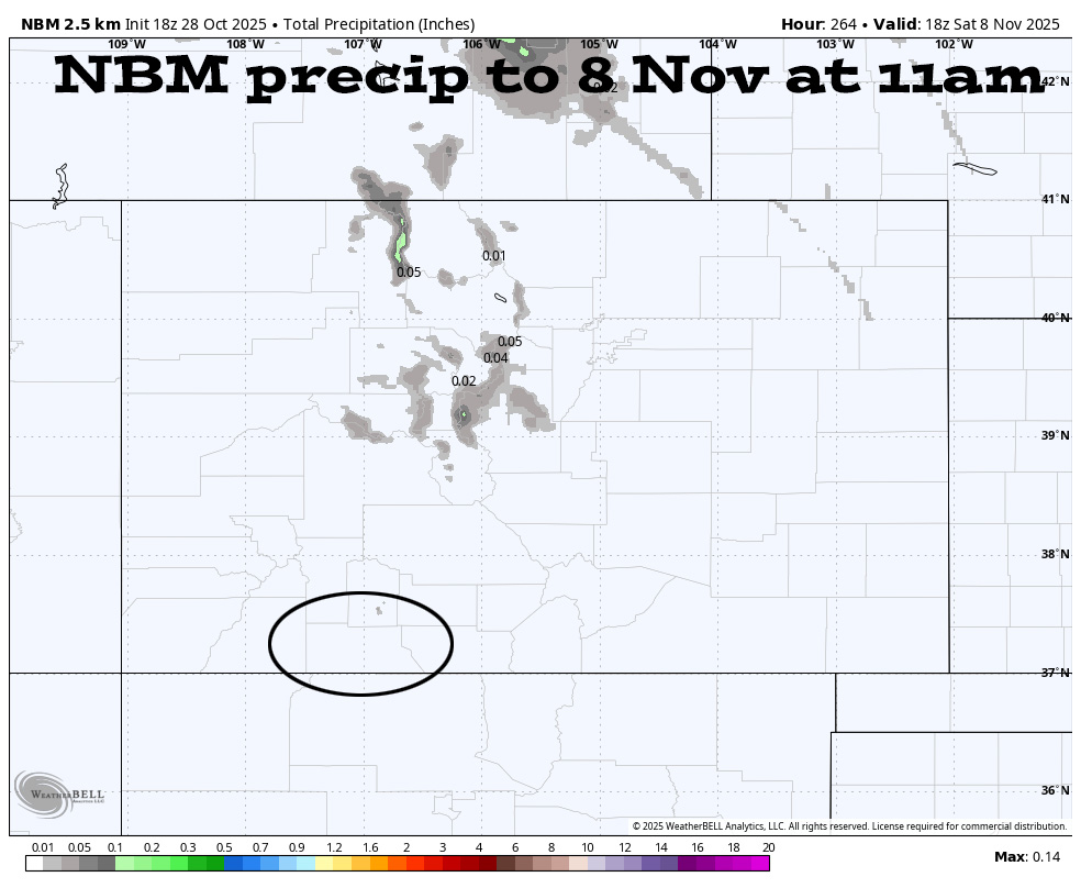 Enjoy the great fall weather!… 2 NBM precip to 8 Nov at 11am shows no significant precip for most of Colorado.