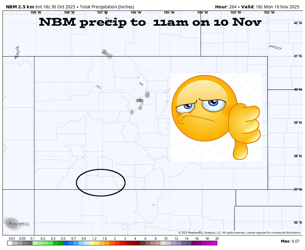 NBM precip to 10 Nov at 11am shows no significant precip for Colorado.
