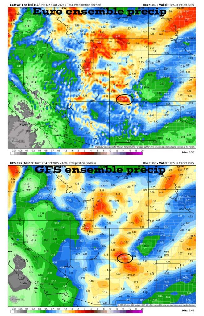 HARD FREEZE tonight – still not sure about next week… 5 On the top, Euro ensemble precip to 19 Oct at 6am shows 2.35” in the Pagosa area. On the bottom, GFS ensemble precip shows 2.07”. The models are trying to come together on a solution,