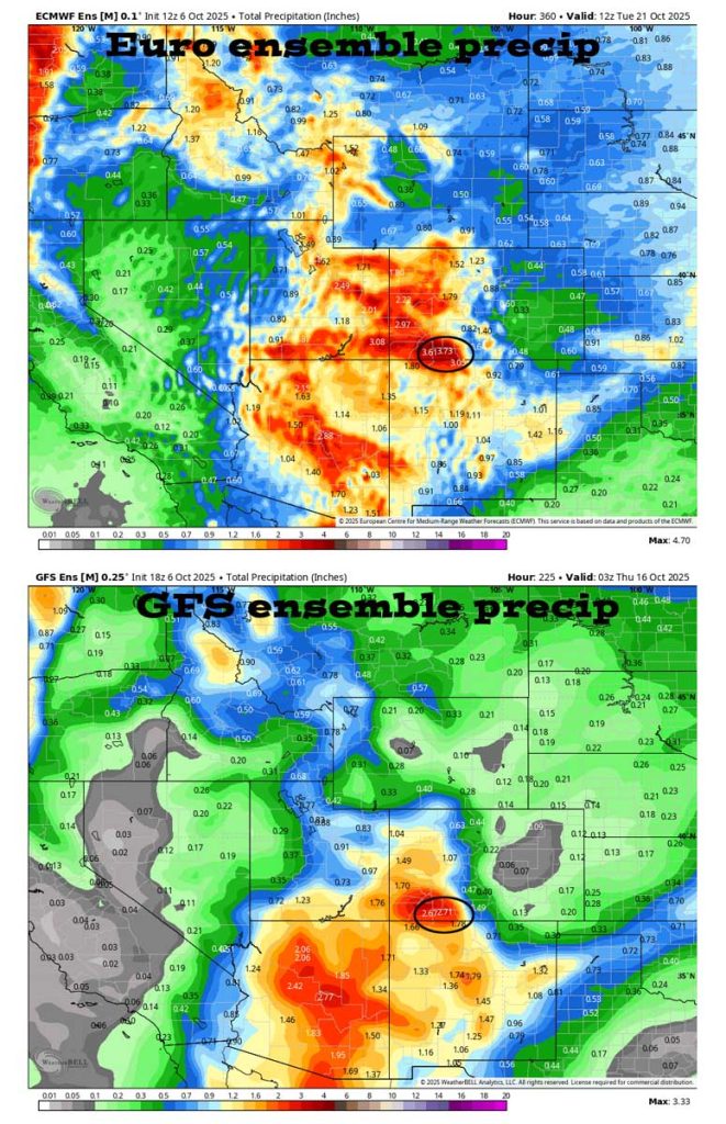 Chances increase for Priscilla to visit… 6 On the top, Euro ensemble precip to 21 Oct at 6am shows 3.73” in the Pagosa area. On the bottom, GFS ensemble precip shows 2.71”. The models are all over the place.