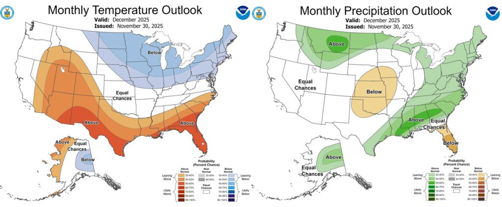The CPC temp outlook for Dec on the left shows a 40-50 chance for above average temps.
The precip outlook on the right shows "equal chances" for average precip.