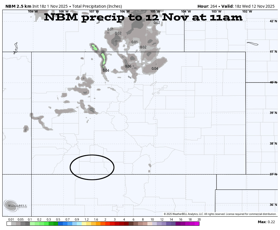 NBM precip to 12 Nov at 11am shows nothing in our area and just a little for the northern Colorado mountains.