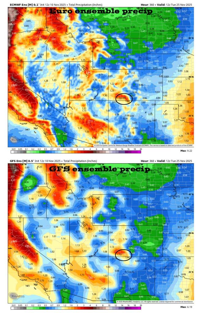 An active pattern for much of the next two weeks… 4 On the top, Euro ensemble precip to 25 Nov at 5am shows 1.66” in the Pagosa area. On the bottom, GFS ensemble precip shows 1.86”. The storm track could stay active for most of this period.