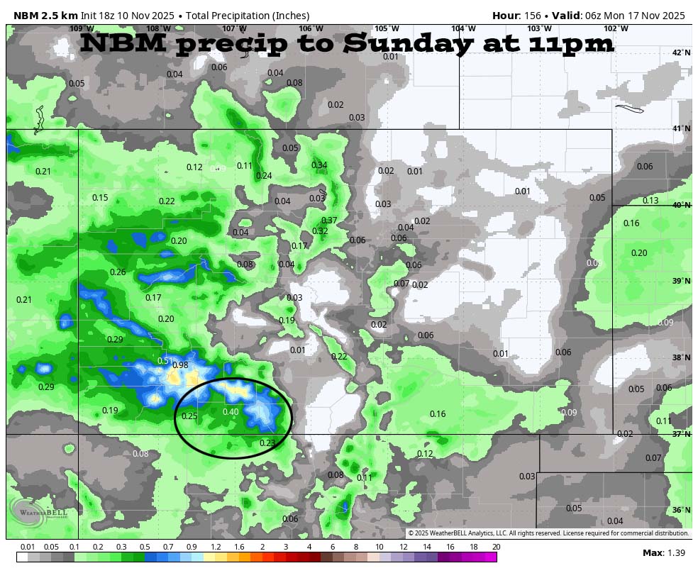 An active pattern for much of the next two weeks… 2 NBM precip to Sunday at 11pm shows 0.40” near Pagosa and 0.75” to 1” in our mountains.