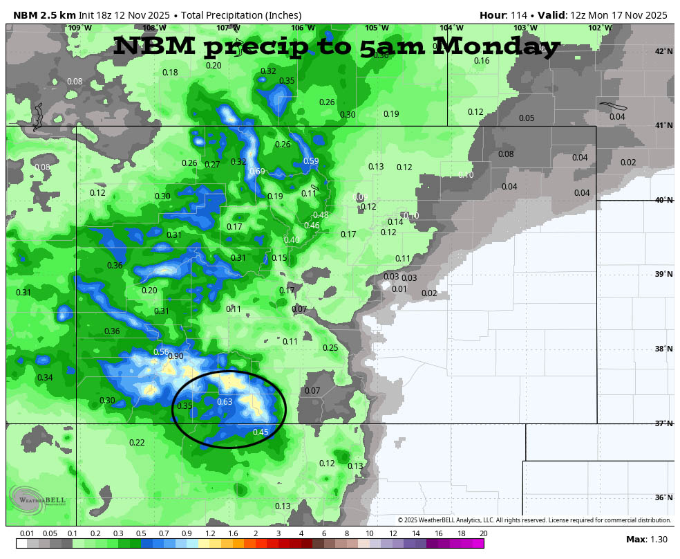 NBM precip to Monday at 5am shows 0.63” near Pagosa and 0.75” to 1.25” in our mountains.