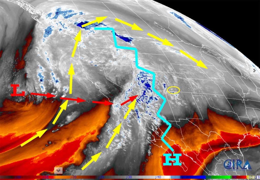 Water vapor satellite Wednesday afternoon – Those are mid and high clouds over the southwest US with no precip. The ridge, jagged blue line, continues to keep the west US dry, but that will change as the ridge slowly moves east. The low, currently well off the coast, will move towards southern CA through Saturday and then move through our area the second half of Sunday. The yellow arrows indicate upper-level flow and the red arrows indicate the forecast direction of the low.