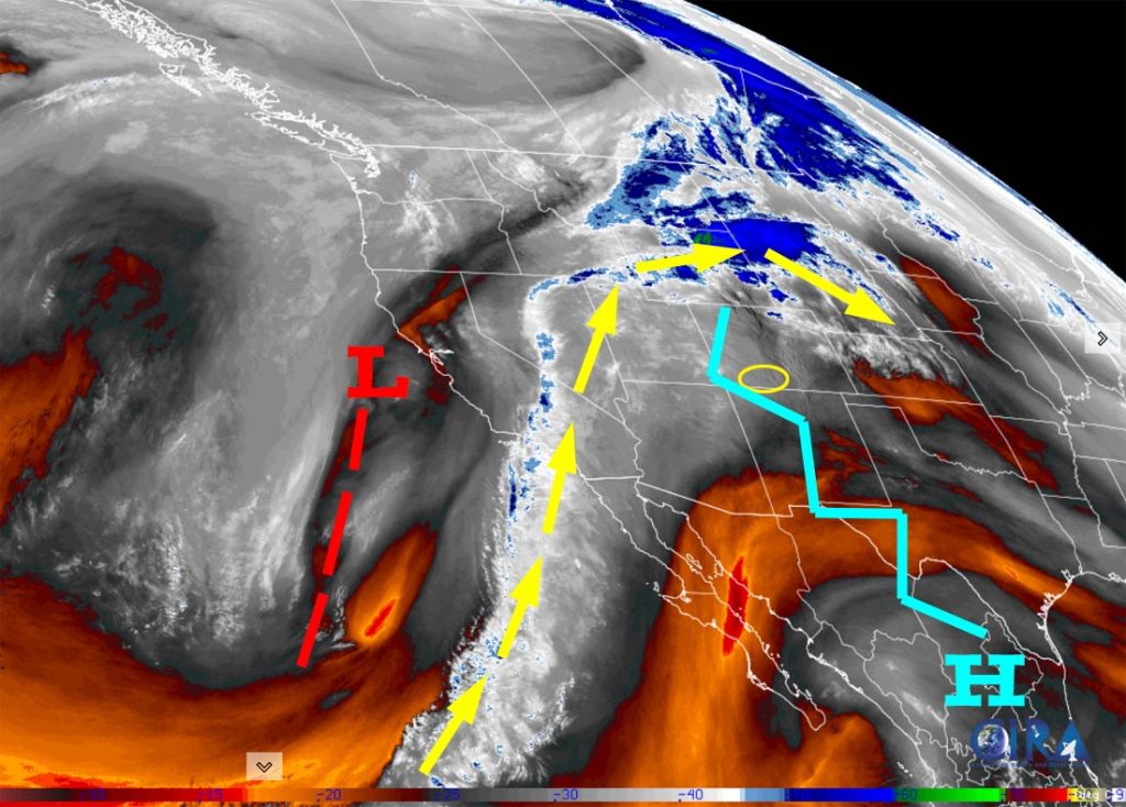 Water vapor satellite Friday afternoon – The ridge, jagged blue line, is over our heads. Lots of moisture is streaming into southern CA. Note that there isn’t much moisture with the low. The low will move over us late Sunday evening.
