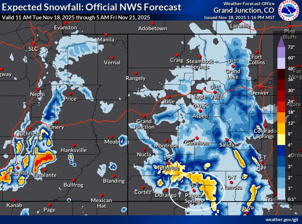 More mountain snow Wednesday night through Thursday night… 5 NWS snow forecast shows a trace near Pagosa and up to 12” in our mountains. Most of this will fall Wednesday night through Friday night. *** I think these amounts are a little high because the low will track will farther south and snow ratios will be low due to warm temps into Thursday evening. ***