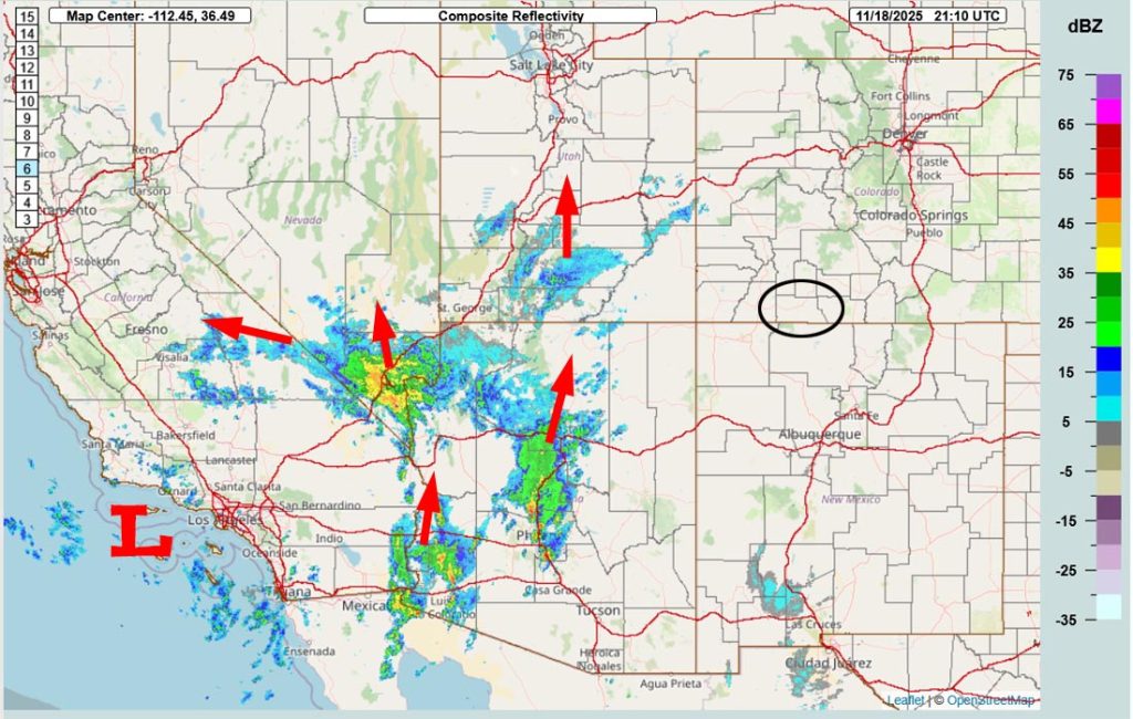More mountain snow Wednesday night through Thursday night… 4 Radar at 2:10pm Tuesday – Bands of showers are spinning counter-clockwise around the low off the southern CA coast.