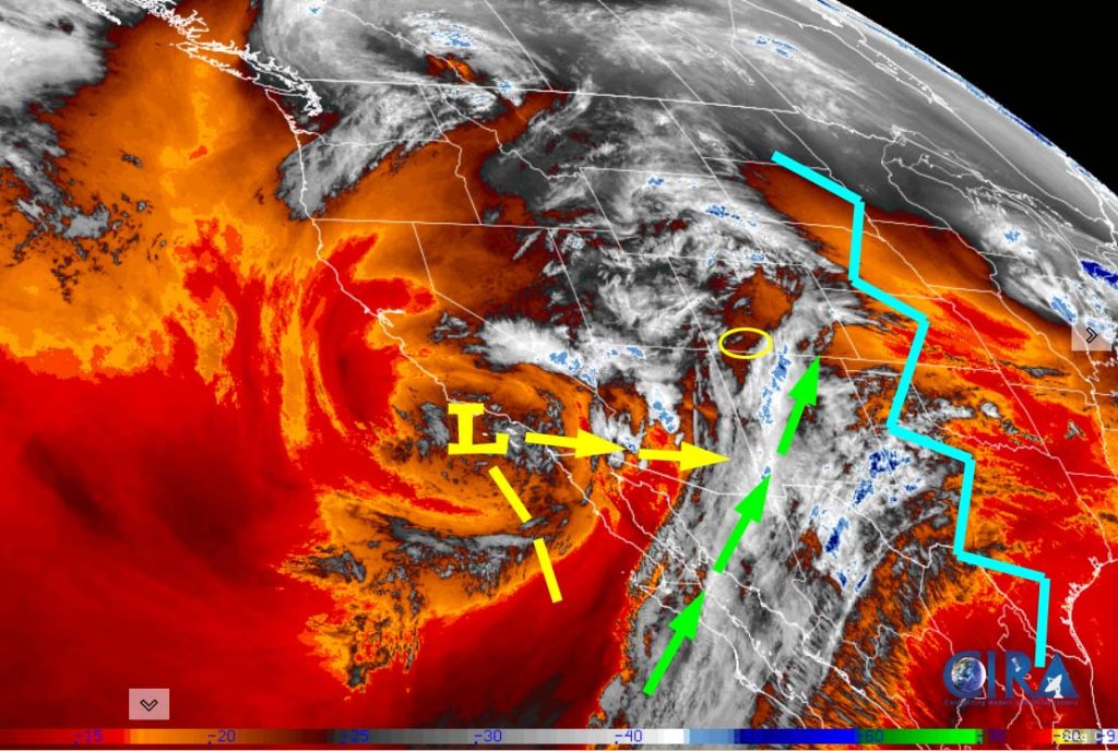 More mountain snow Wednesday night through Thursday night… 3 Water vapor satellite early Tuesday afternoon – The ridge, jagged blue lines, has moved to our east. Upper-level southwest flow, green arrows, will push more clouds into the area ahead of the low. The low is expected to track to our south, but if it goes a little farther north, we’ll get more precip.
