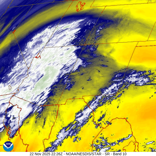 Water vapor satellite loop roughly 3:15pm to 4:15pm Saturday – The low is spinning over the Baja Peninsula and will move northeast. It’s expected to track nearly over our heads Sunday afternoon. There is a lot of moisture ahead of the low moving up from the north.
