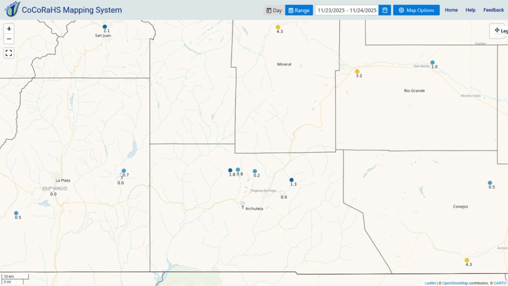 CoCoRaHS 2-day snow totals across Archuleta County ranged from none to 1.8”. The snow level briefly dropped to around 7,700ft but snow had trouble sticking.