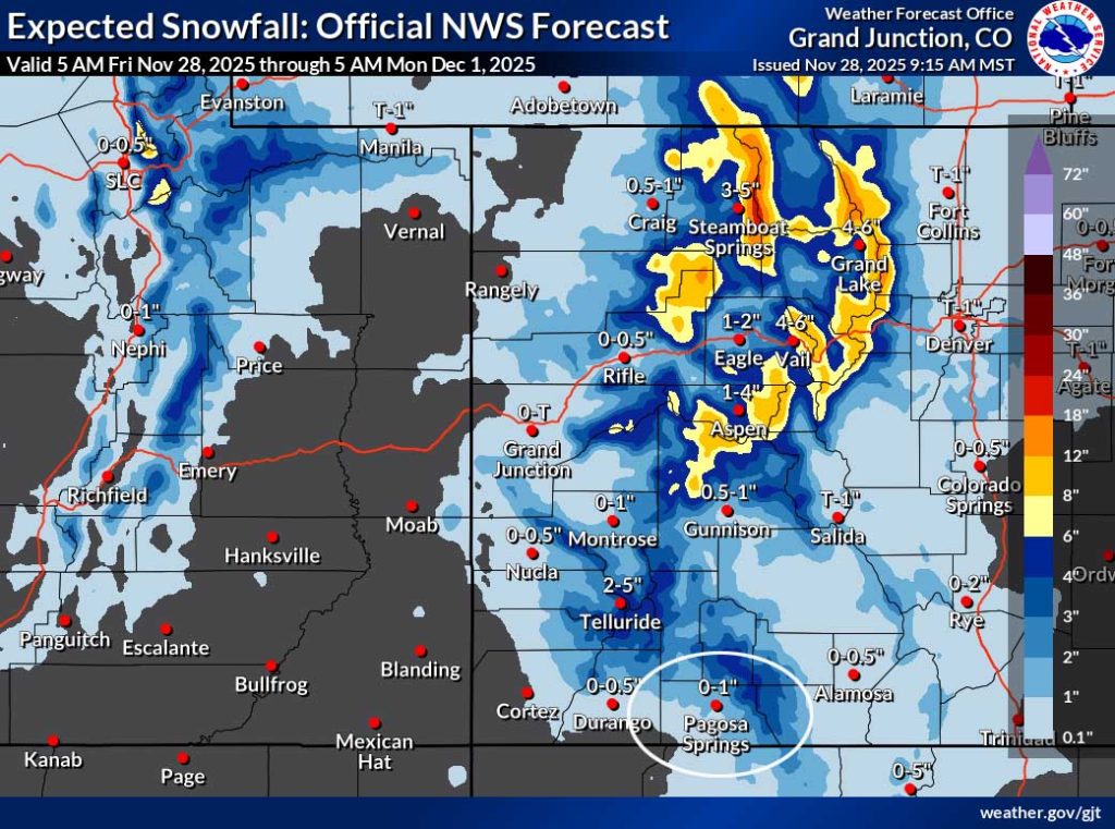 A little snow Sunday evening into Monday morning… 2 The “official” NWS snow forecast shows 0-1” for Pagosa, up to 2” above 7,500ft in the Pagosa area, and 4-6” for our mountains. The northern CO mountains will be favored.