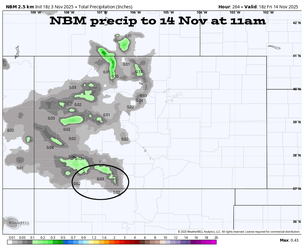 NBM precip to 14 Nov at 11am shows 0.03” near Pagosa and up to 0.25” in our mountains.